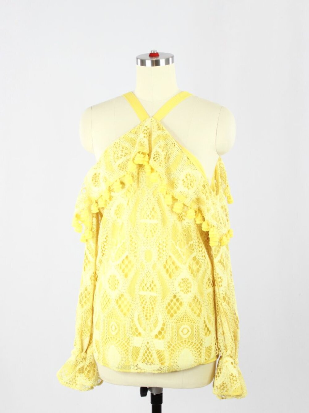 ALEXIS Adriana Yellow Lace Pom Pom Ruffle Cold Shoulder Tie Blouse, Size XS - Picture 5 of 15